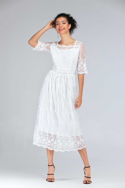 Scalloped Lace Half Sleeve Midi Dress