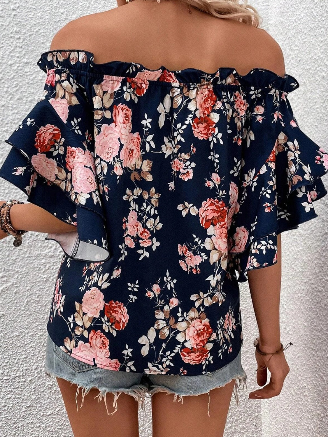 Printed Off-Shoulder Flounce Sleeve Blouse