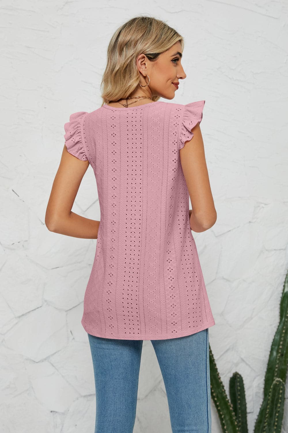 Smocked Round Neck Eyelet Top