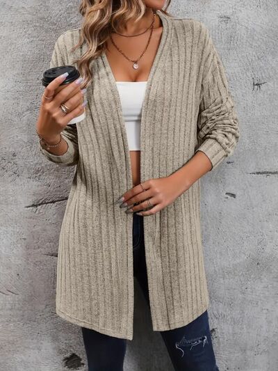 Ribbed Open Front Dropped Shoulder Cardigan