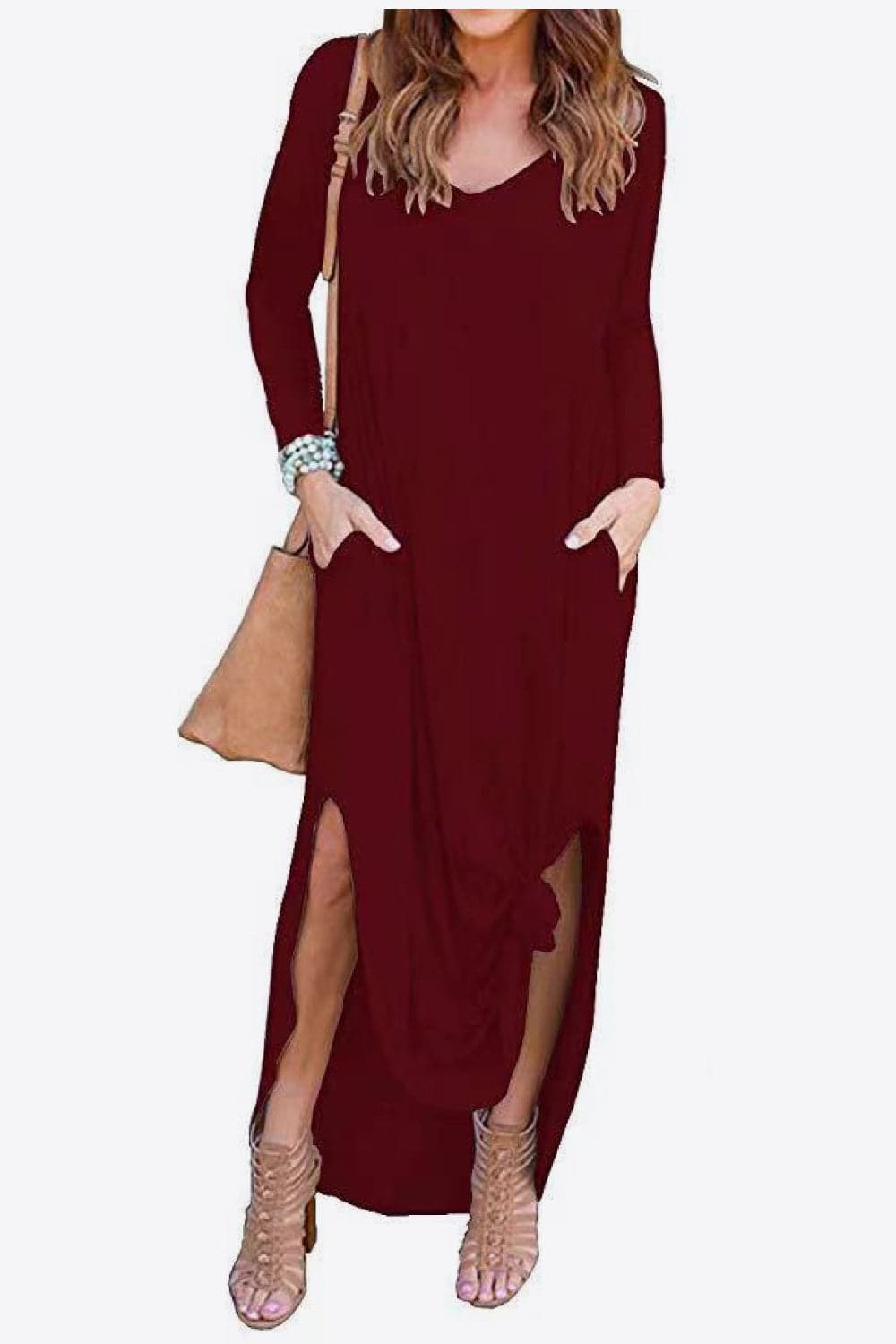 Burgundy Long Sleeve Maxi Dress With Split Buy Club L London Red Cosmos Asymmetric Long-Sleeve Split Maxi
