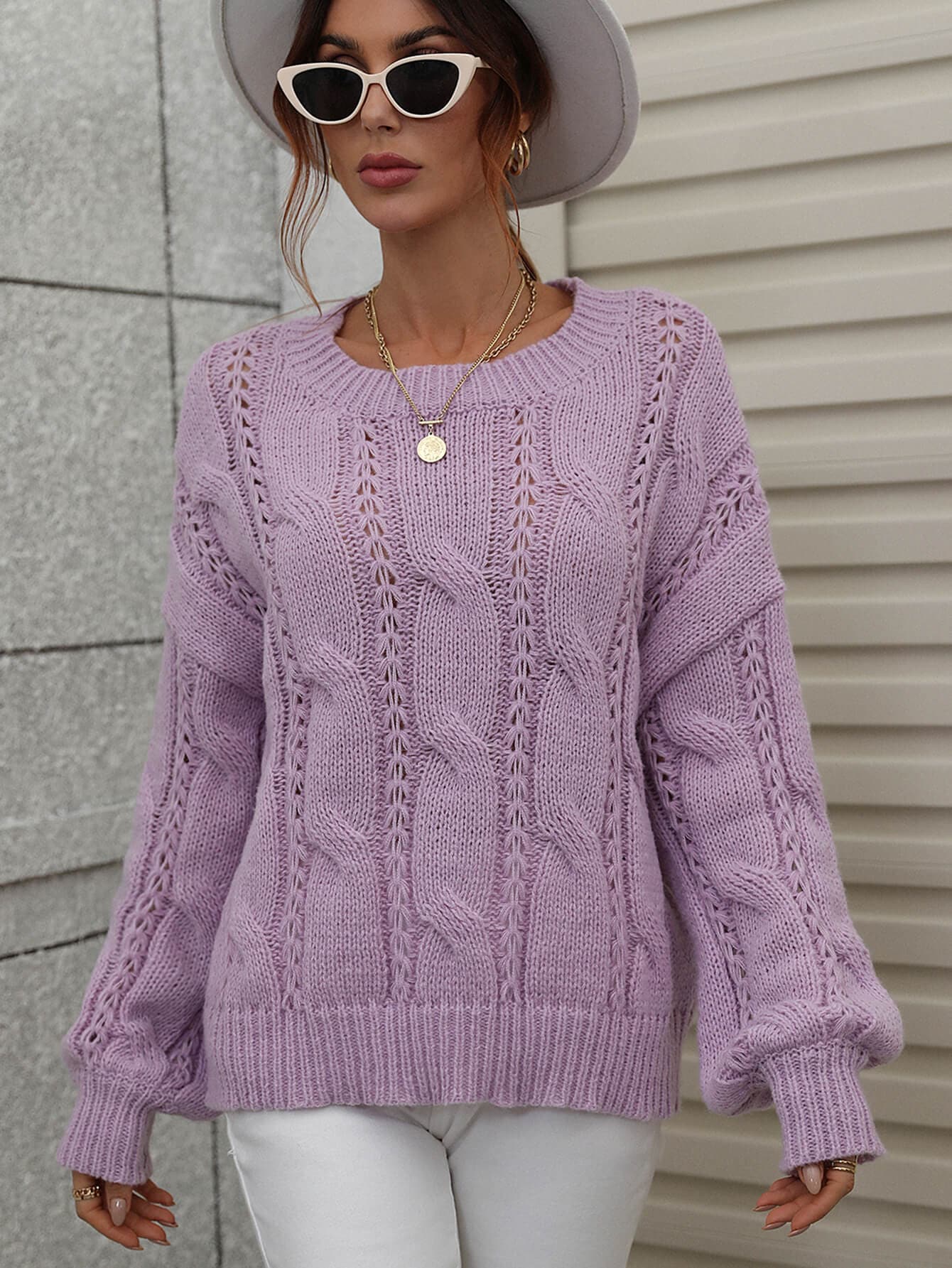 Cable-Knit Openwork Round Neck Sweater - Love culture store