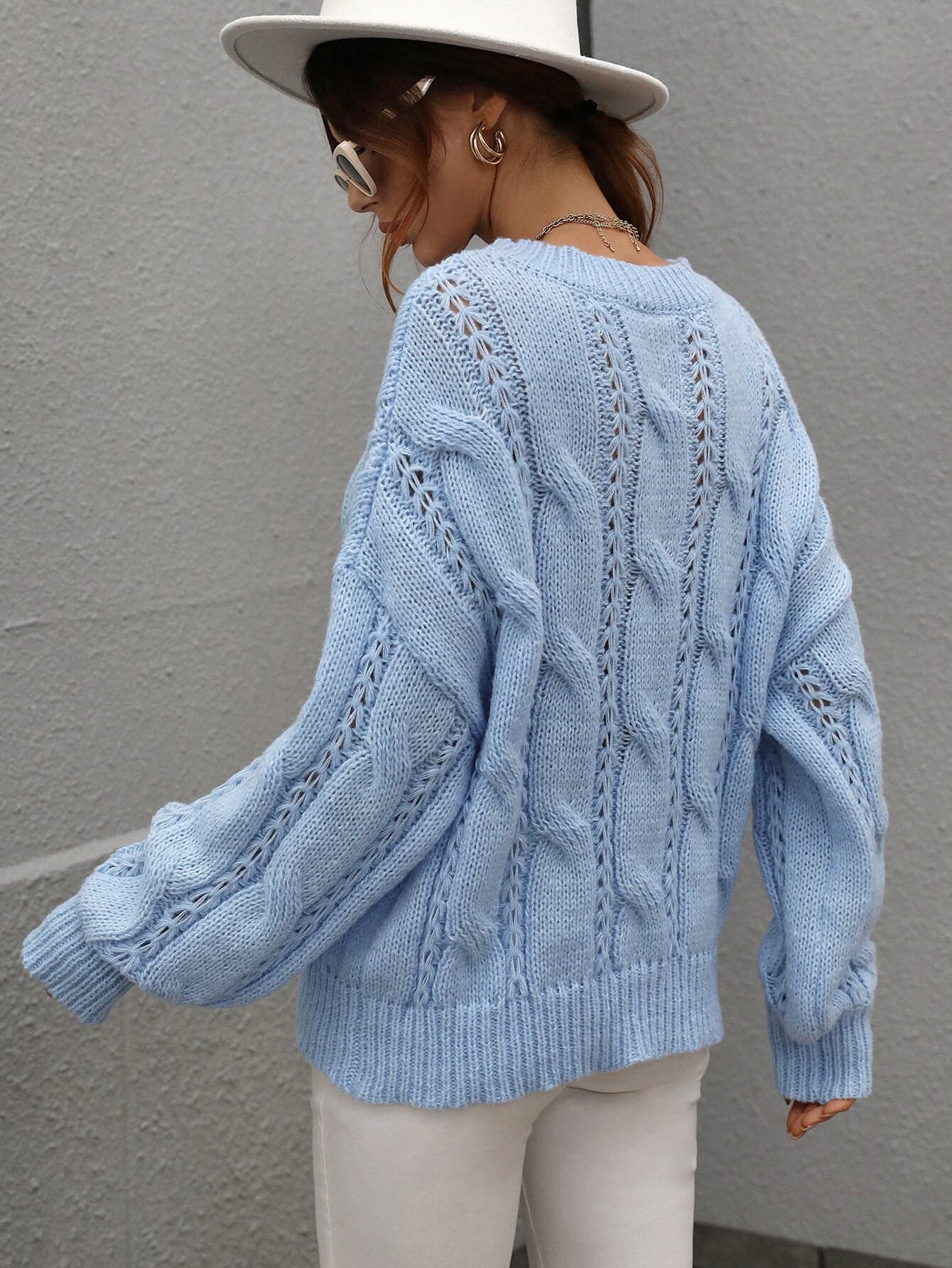 Cable-Knit Openwork Round Neck Sweater - Love culture store