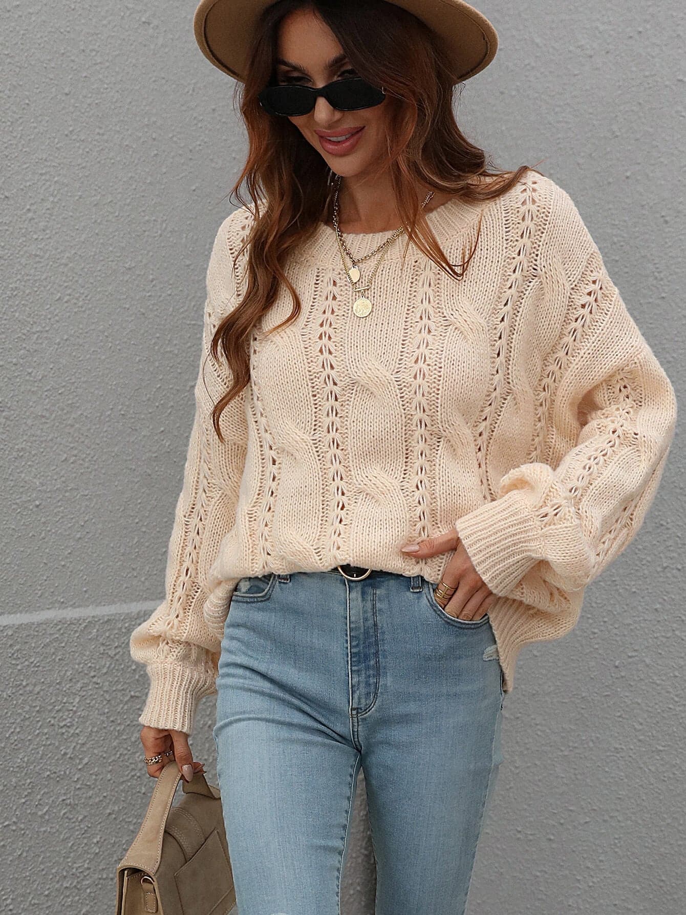 Cable-Knit Openwork Round Neck Sweater - Love culture store