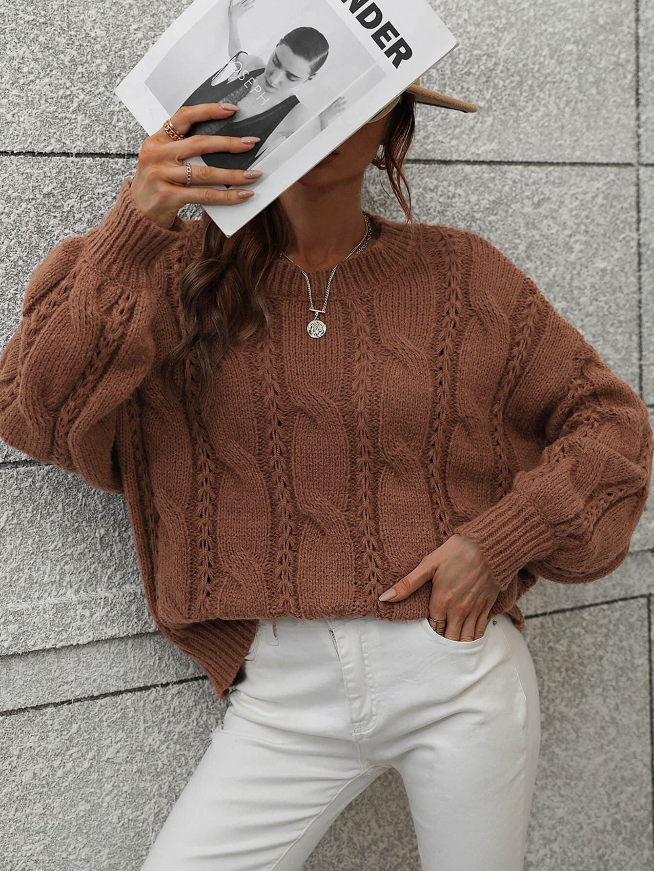 Cable-Knit Openwork Round Neck Sweater - Love culture store