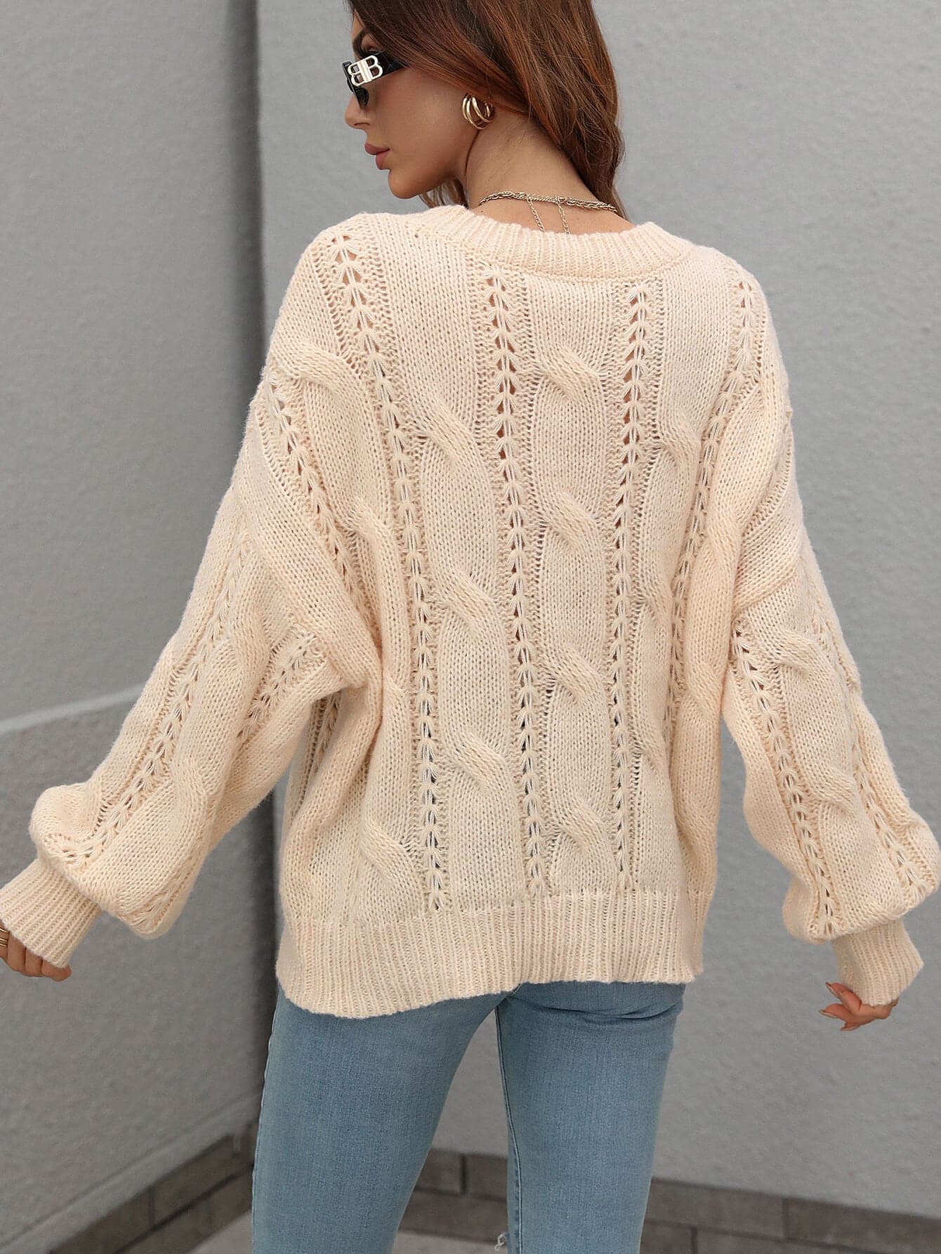 Cable-Knit Openwork Round Neck Sweater - Love culture store