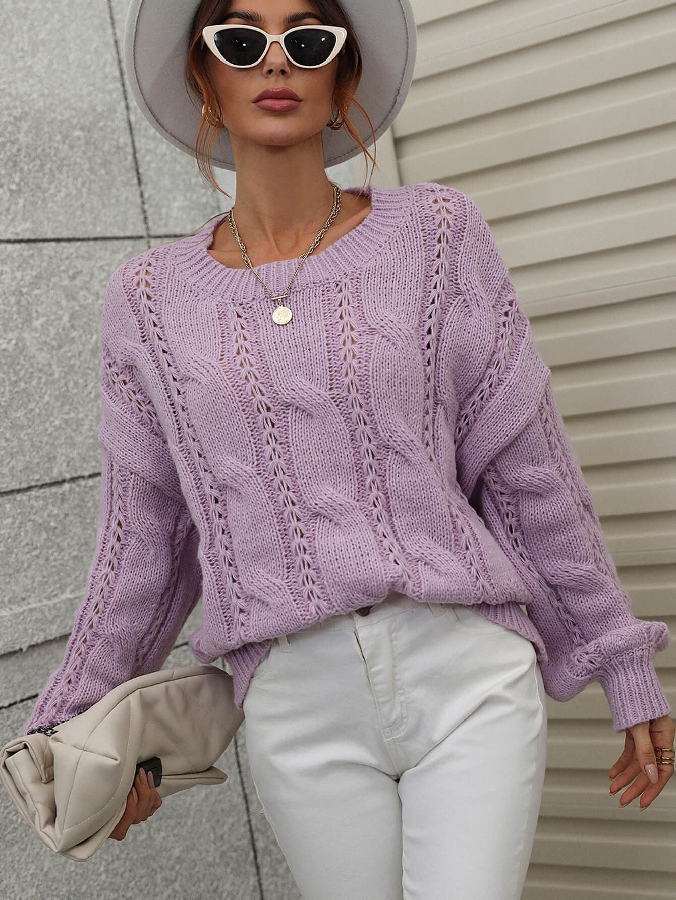 Cable-Knit Openwork Round Neck Sweater - Love culture store