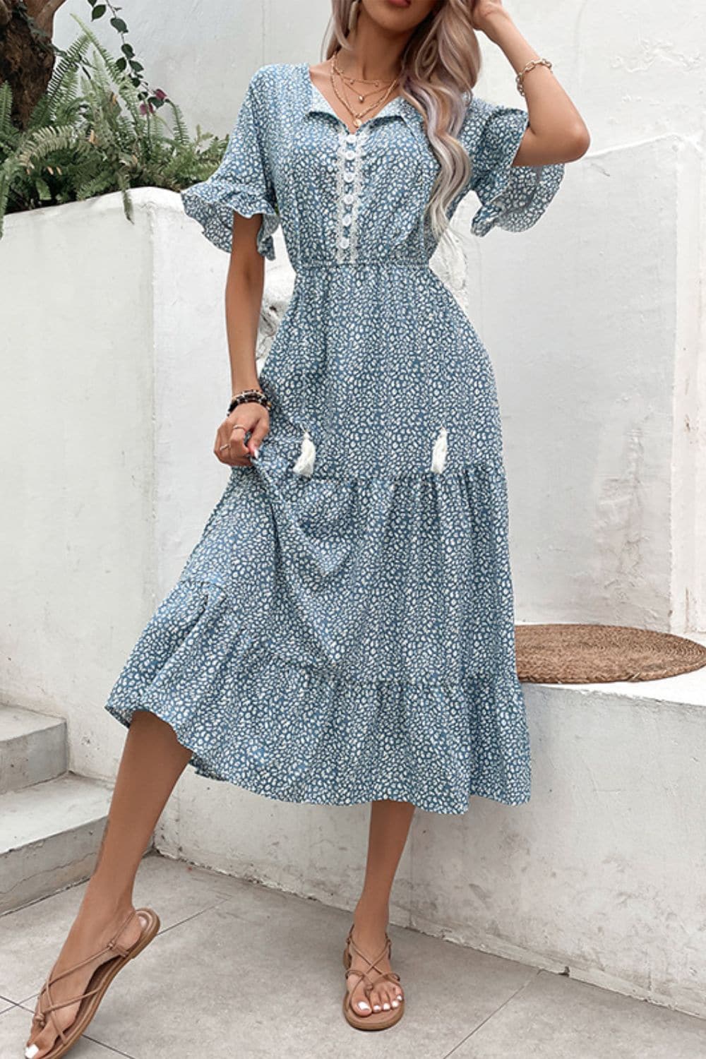 Printed Tassel Tie Flounce Sleeve Dress