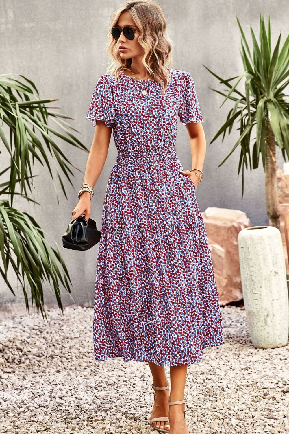 Floral Puff Sleeve Tiered Midi Dress