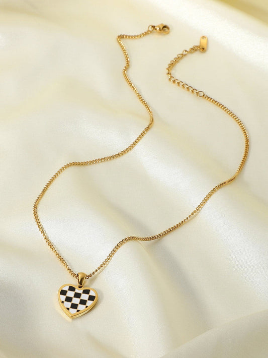 Checkerboard Heart Pendant Chain Necklace - Love culture store