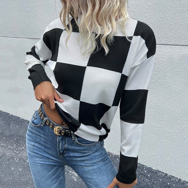 Checkered Dropped Shoulder Knit Pullover - Love culture store