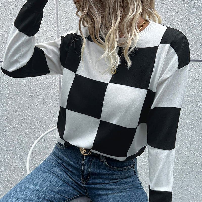 Checkered Dropped Shoulder Knit Pullover - Love culture store