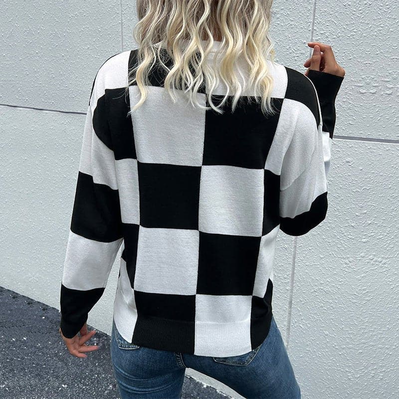 Checkered Dropped Shoulder Knit Pullover - Love culture store