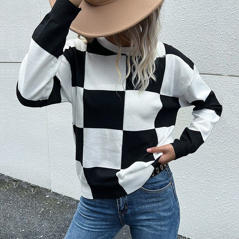 Checkered Dropped Shoulder Knit Pullover - Love culture store