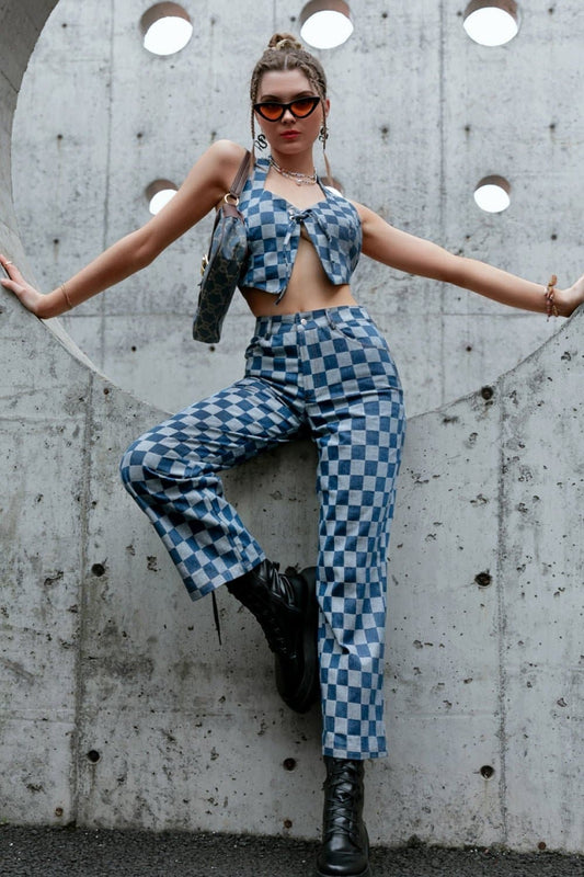 Checkered Lace Up Cropped Top and Pants Set - Love culture store