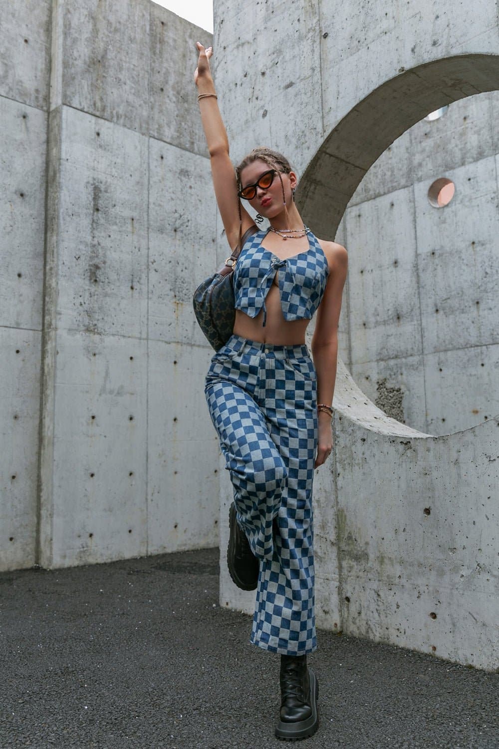 Checkered Lace Up Cropped Top and Pants Set - Love culture store