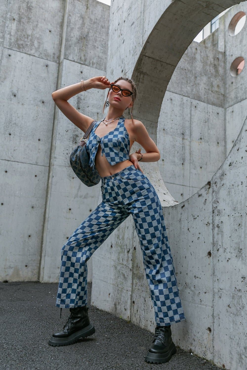 Checkered Lace Up Cropped Top and Pants Set - Love culture store