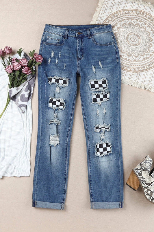 Checkered Patchwork Mid Waist Distressed Jeans - Love culture store