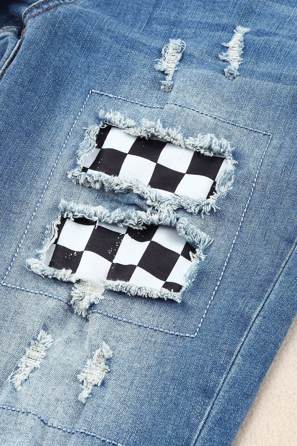 Checkered Patchwork Mid Waist Distressed Jeans - Love culture store