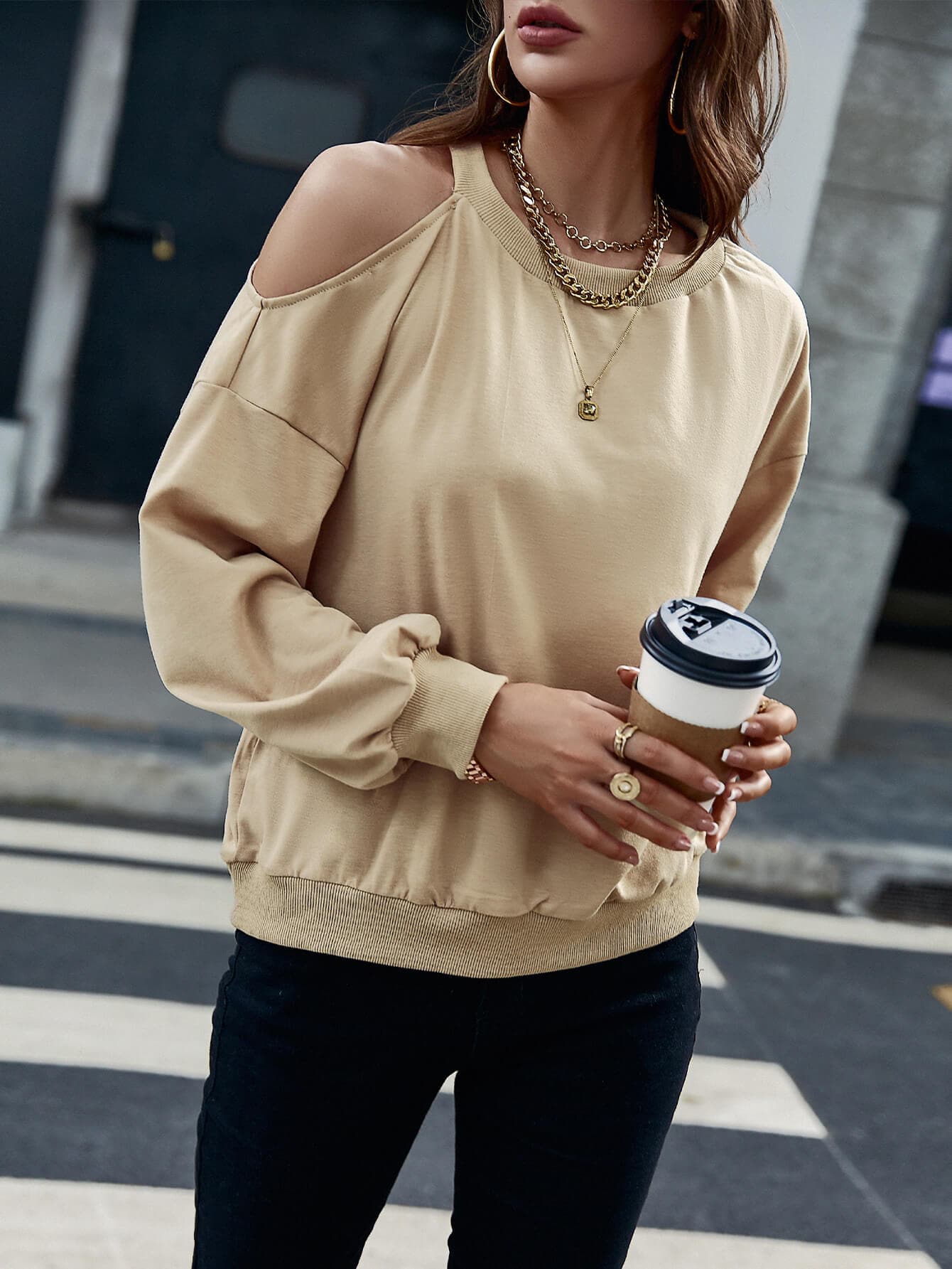 Cold-Shoulder Ribbed Trim Sweatshirt - Love culture store