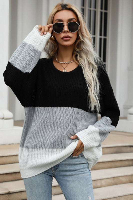Color Block Long Sleeve Chunky Knit Sweater - Love culture store