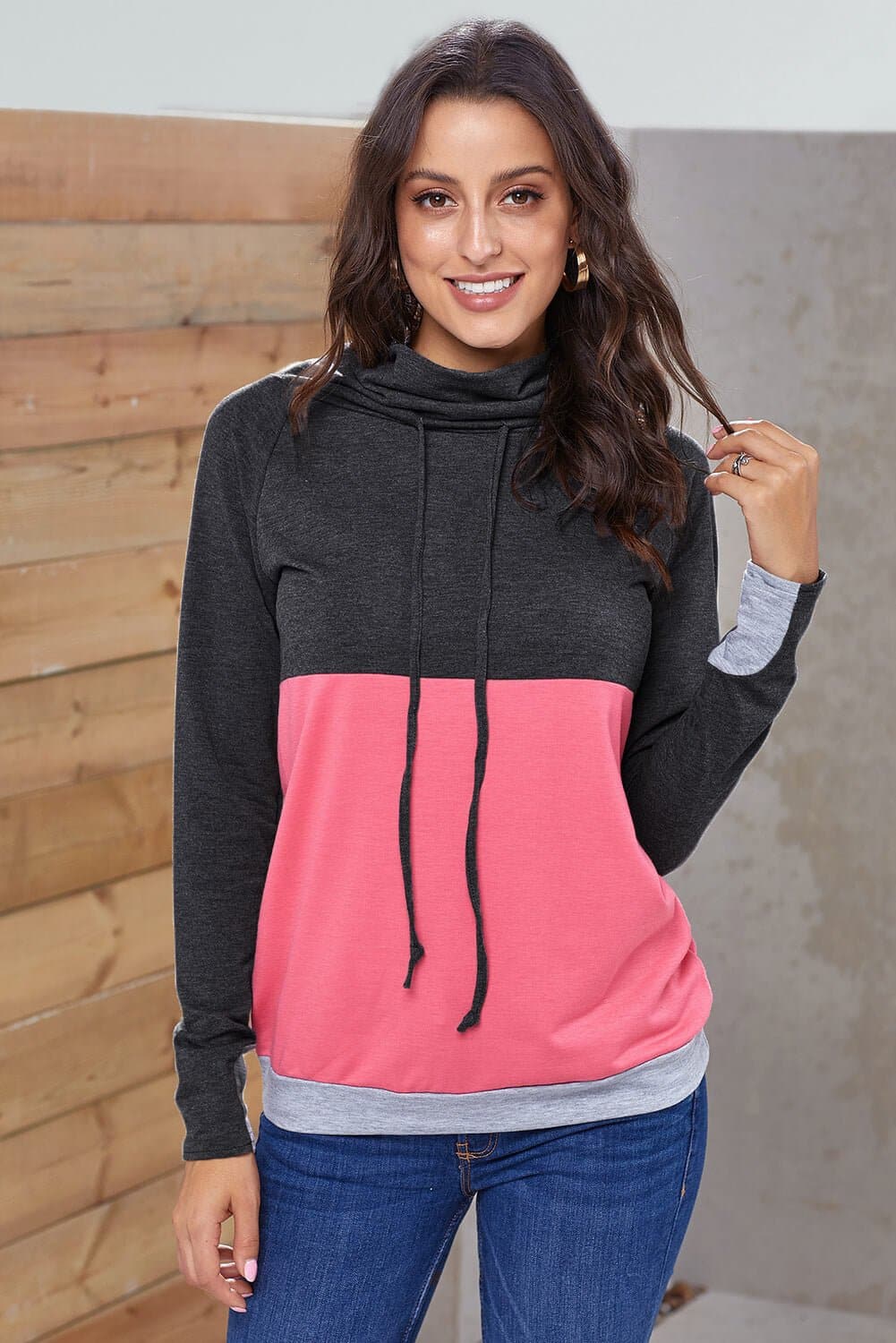 Color Block Raglan Sleeve Drawstring Sweatshirt - Love culture store