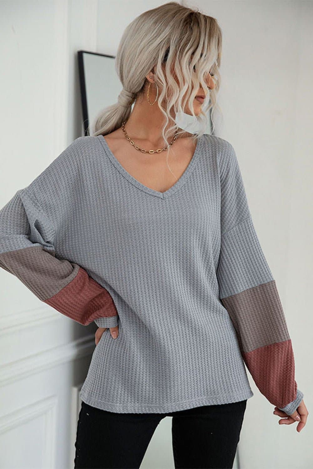 Color Block Sleeve Waffle Knit Tee - Love culture store