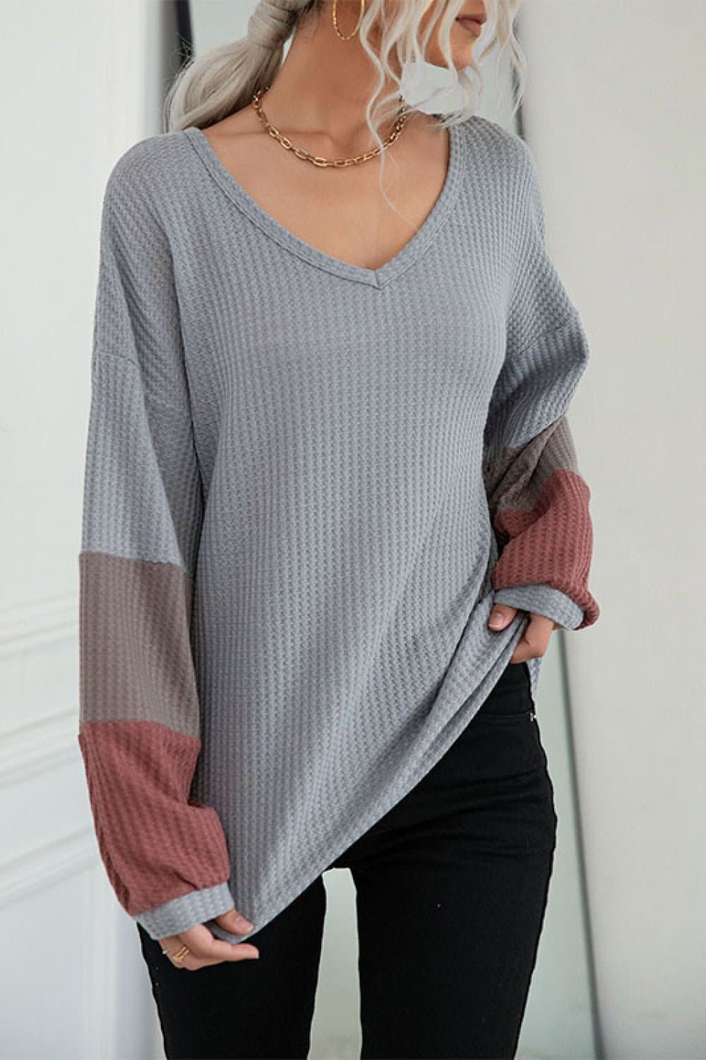 Color Block Sleeve Waffle Knit Tee - Love culture store