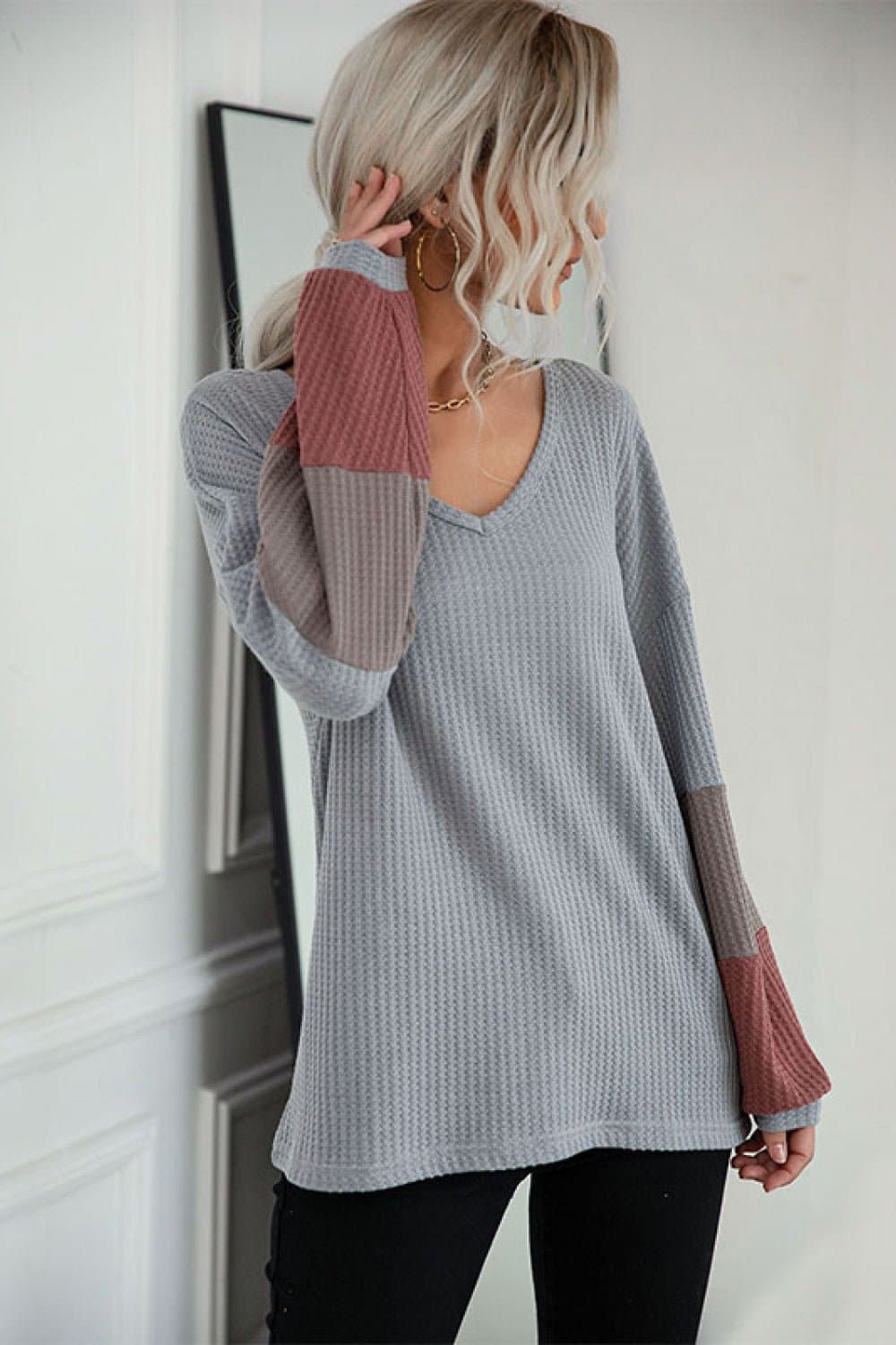 Color Block Sleeve Waffle Knit Tee - Love culture store