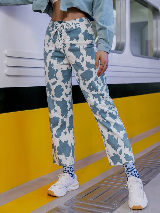 Cow Print Lace-Up Straight Leg Pants - Love culture store