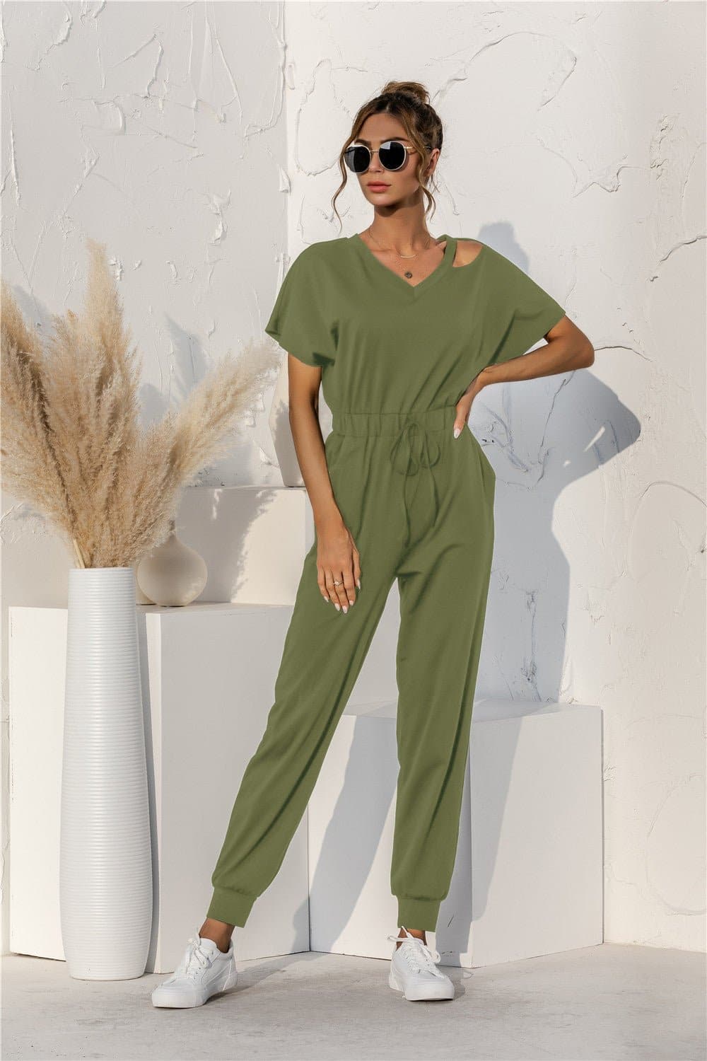 Cut Out V-neck Drawstring Jumpsuit - Love culture store