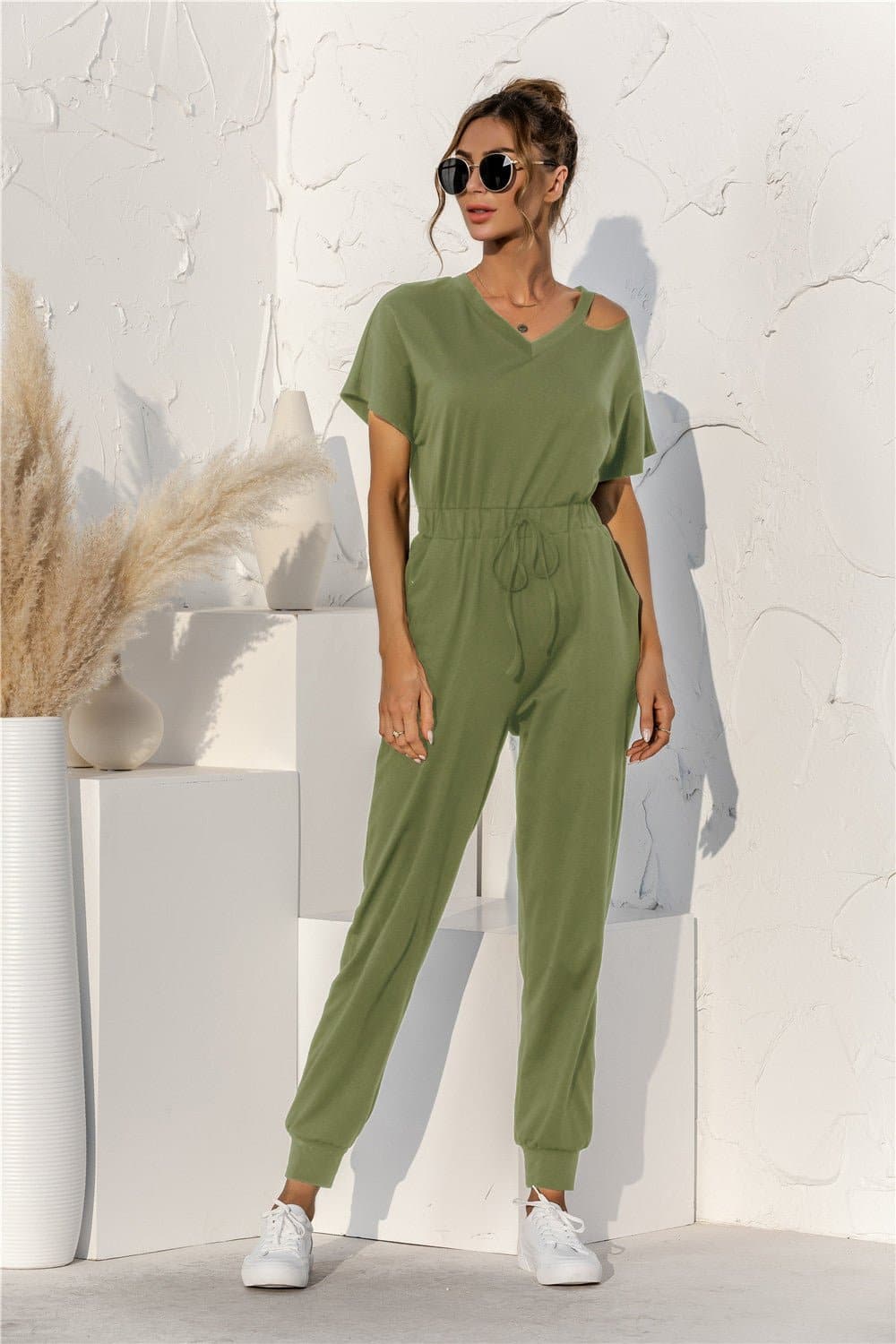 Cut Out V-neck Drawstring Jumpsuit - Love culture store