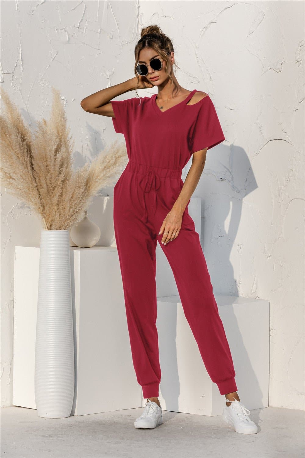 Cut Out V-neck Drawstring Jumpsuit - Love culture store