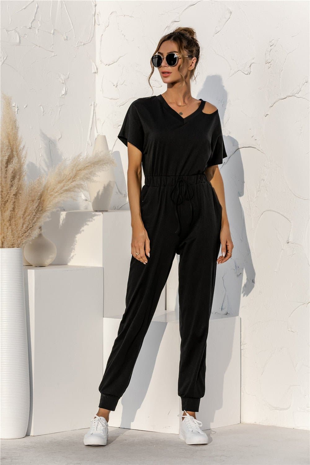 Cut Out V-neck Drawstring Jumpsuit - Love culture store