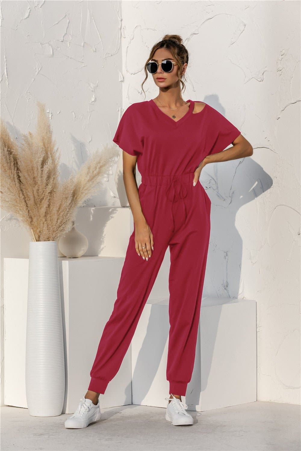 Cut Out V-neck Drawstring Jumpsuit - Love culture store