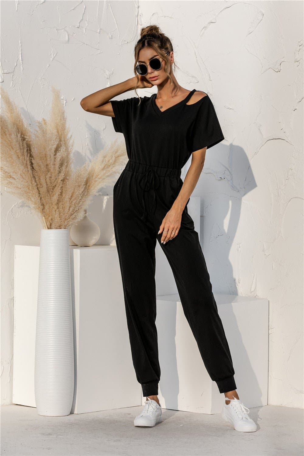 Cut Out V-neck Drawstring Jumpsuit - Love culture store