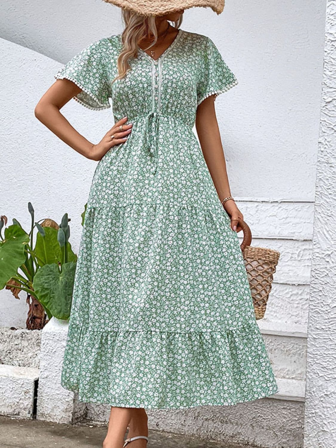 Ditsy Floral V-Neck Tiered Dress