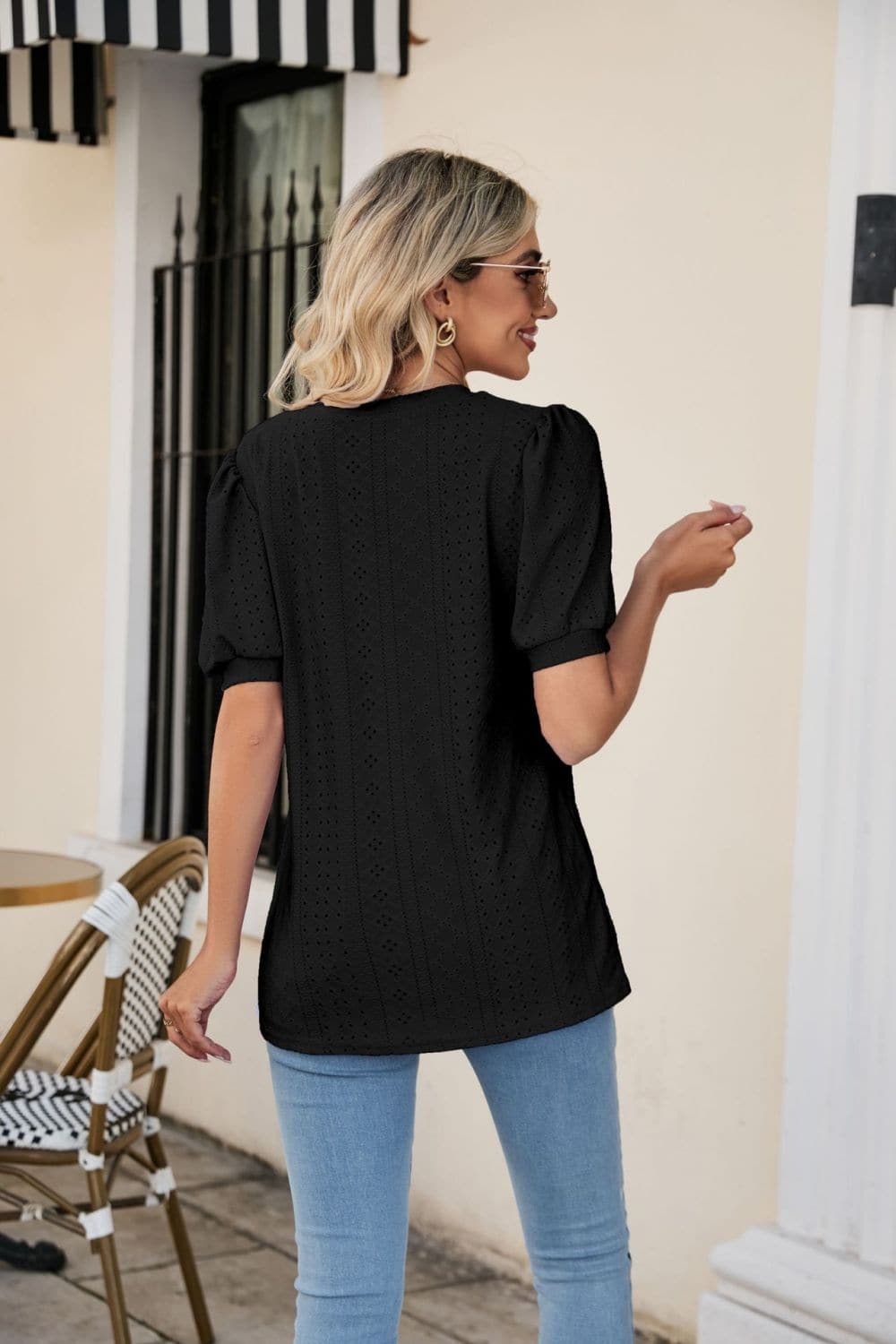 Eyelet Puff Sleeve V-Neck Top