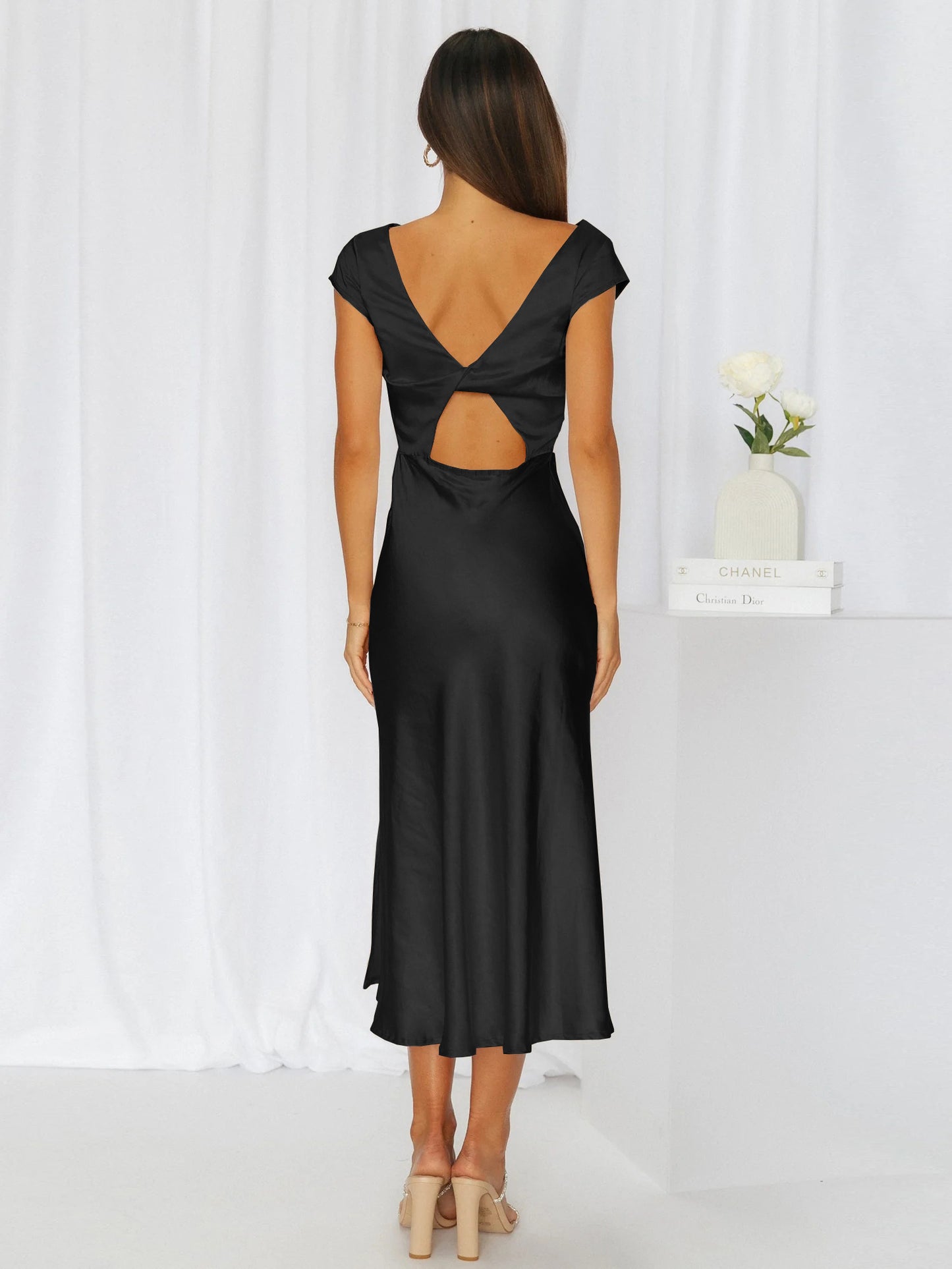 Round Neck Cap Sleeve Midi Dress