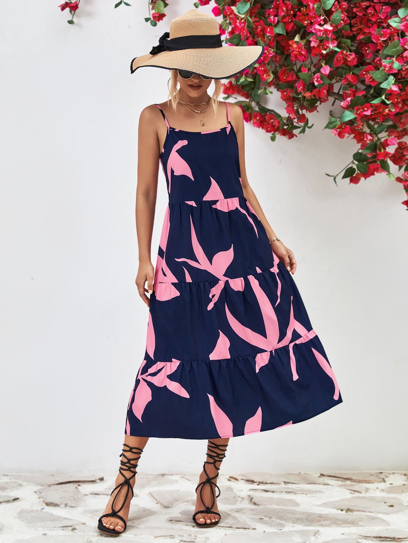 Printed Spaghetti Strap Tiered Midi Dress