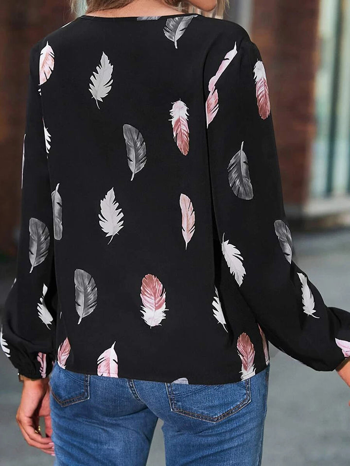 Printed Notched Neck Long Sleeve Blouse