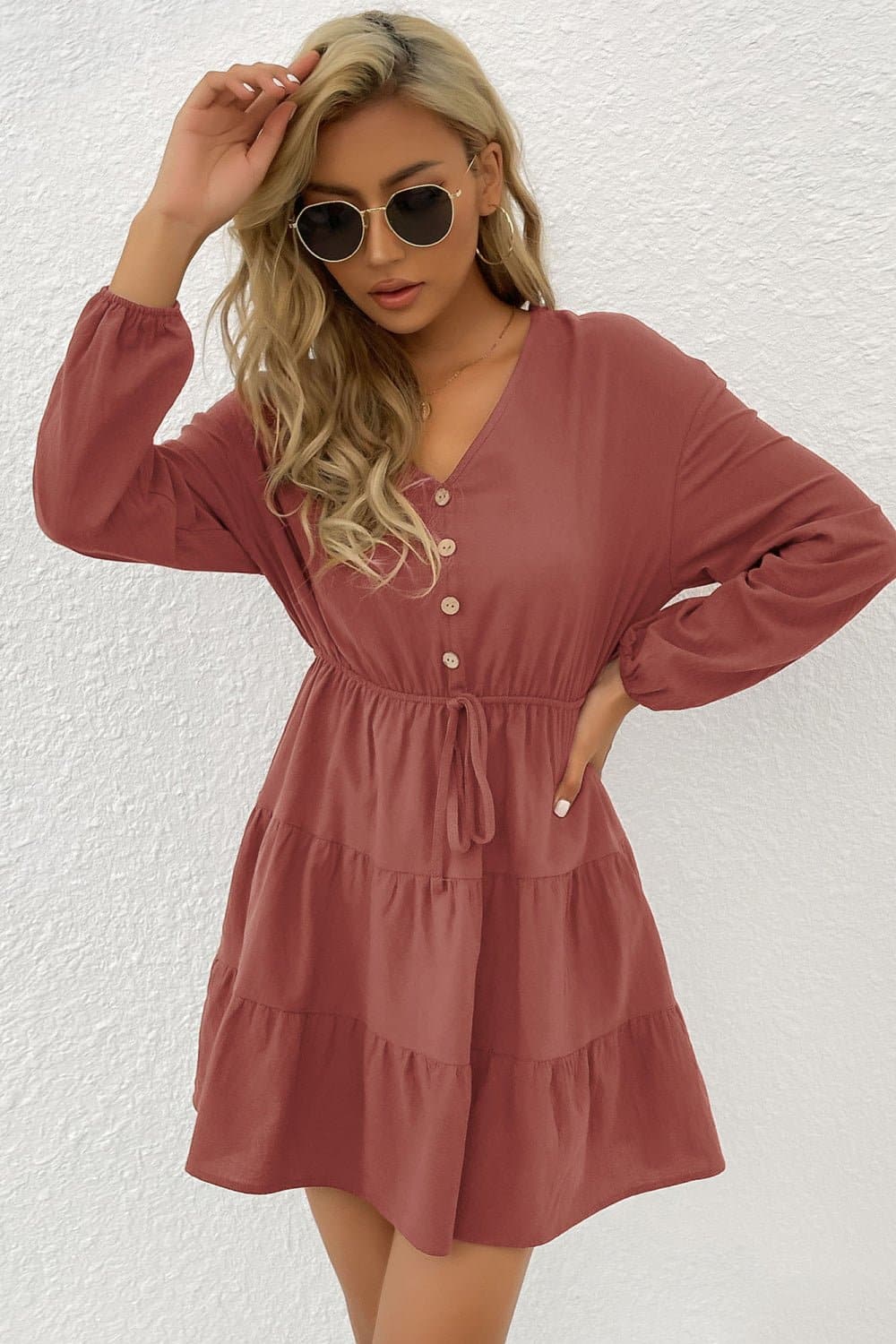 Decorative Button Tie Front Tiered Mini Dress - Love culture store