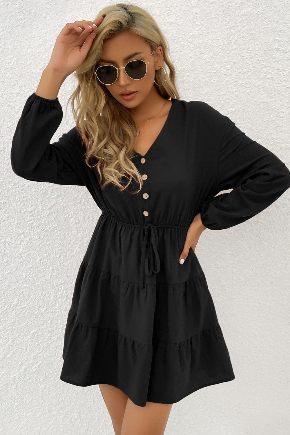 Decorative Button Tie Front Tiered Mini Dress - Love culture store