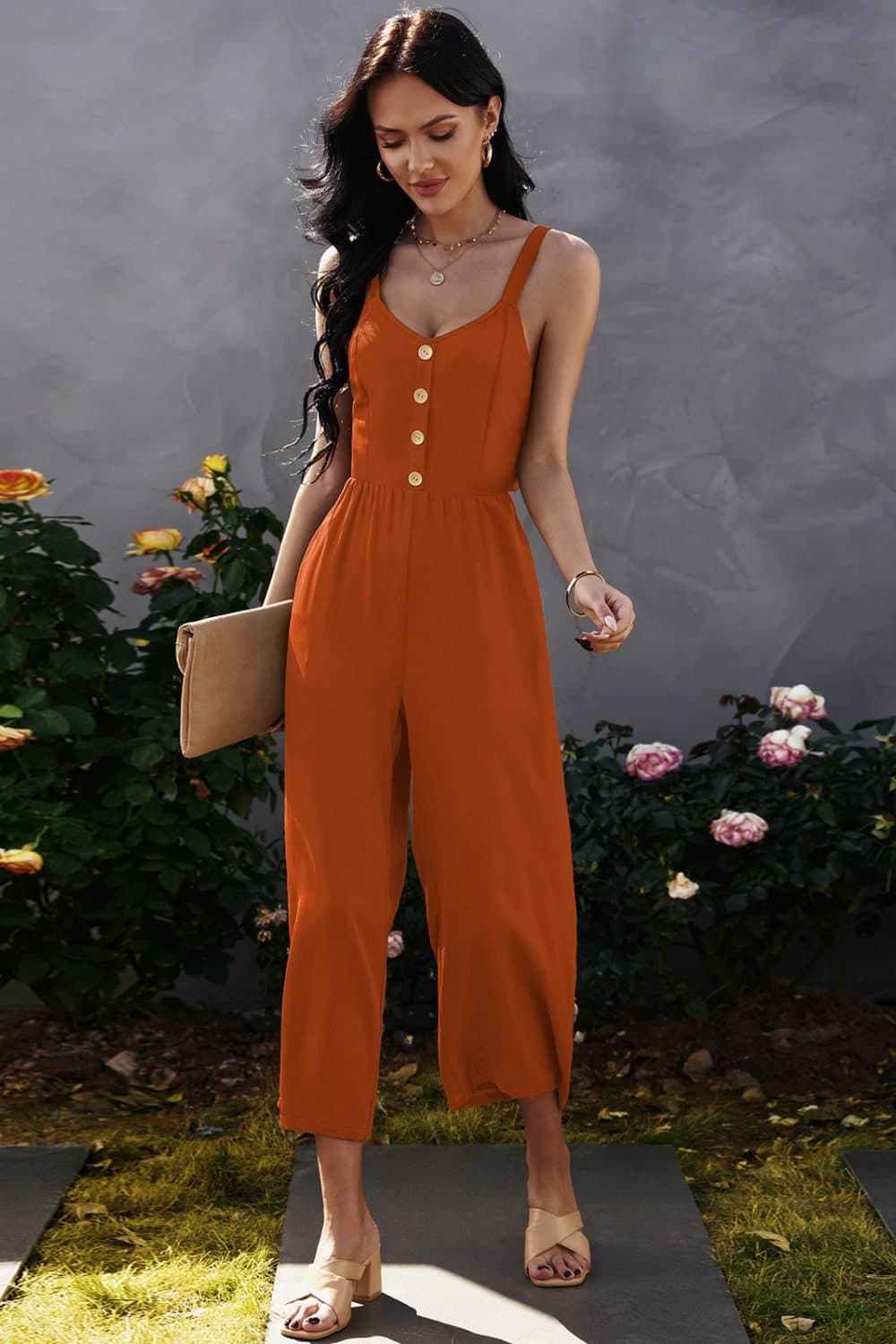 Decorative Button Wide Leg Cropped Jumpsuit - Love culture store