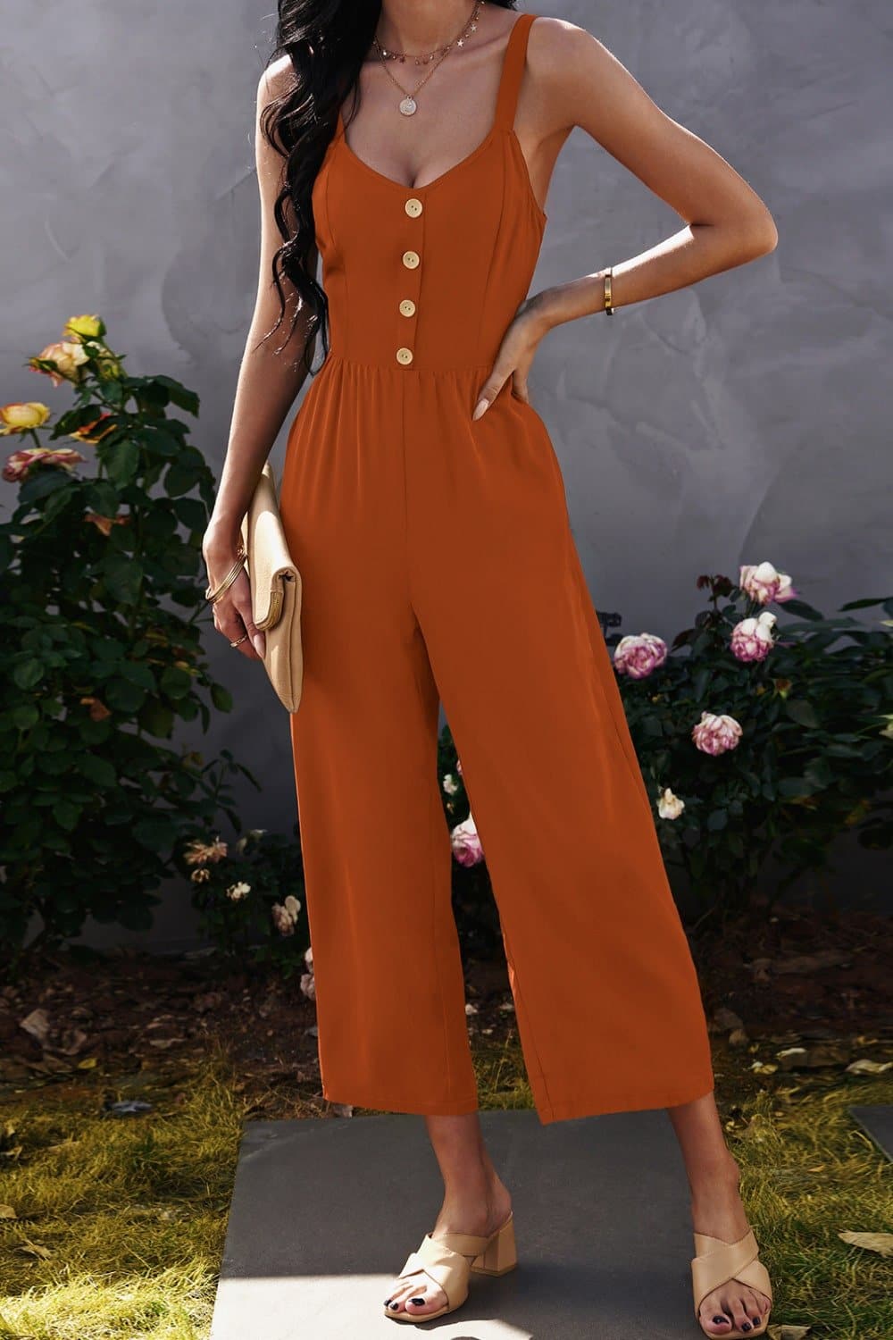 Decorative Button Wide Leg Cropped Jumpsuit - Love culture store