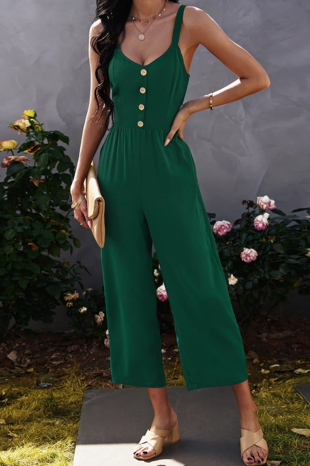 Decorative Button Wide Leg Cropped Jumpsuit - Love culture store