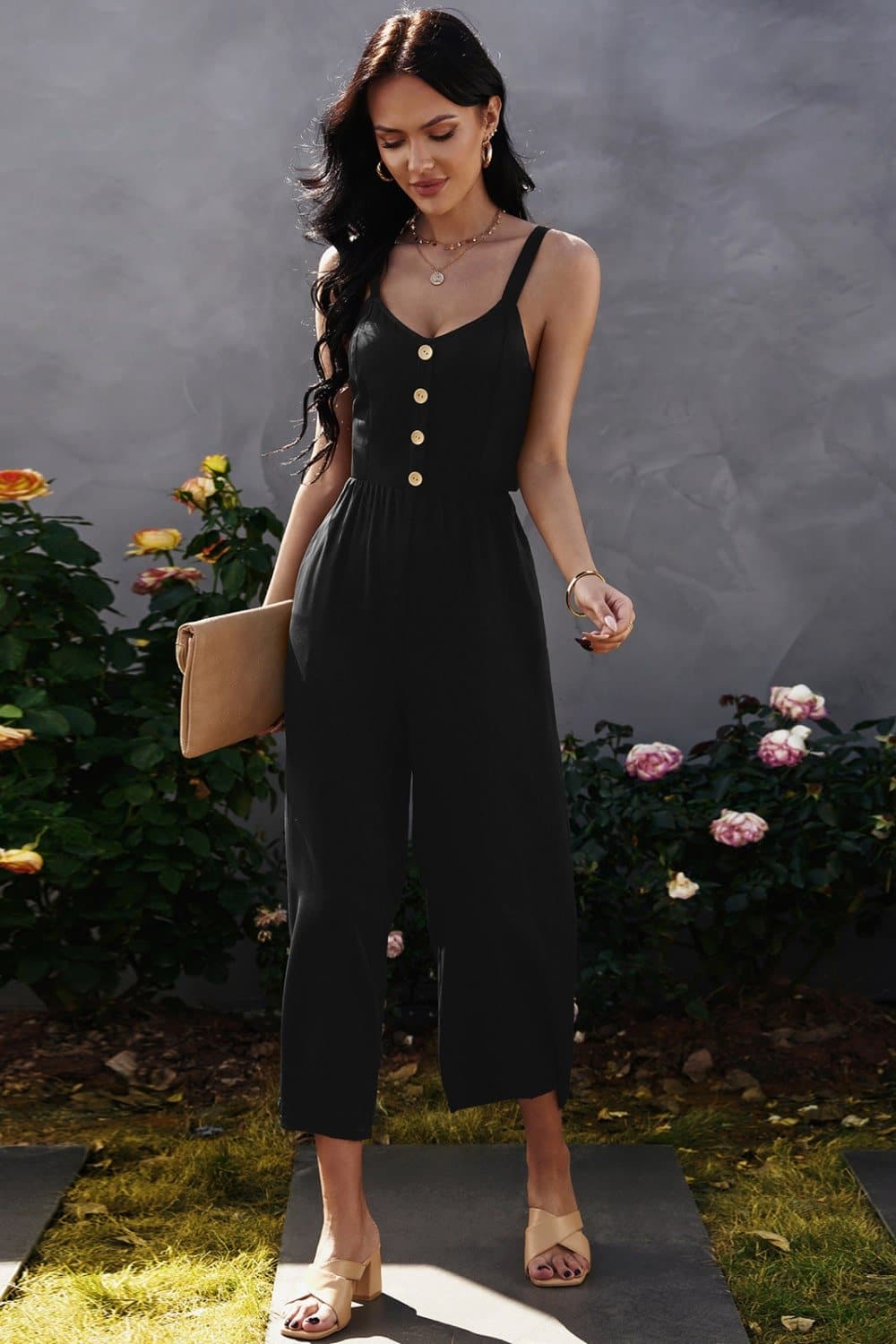 Decorative Button Wide Leg Cropped Jumpsuit - Love culture store