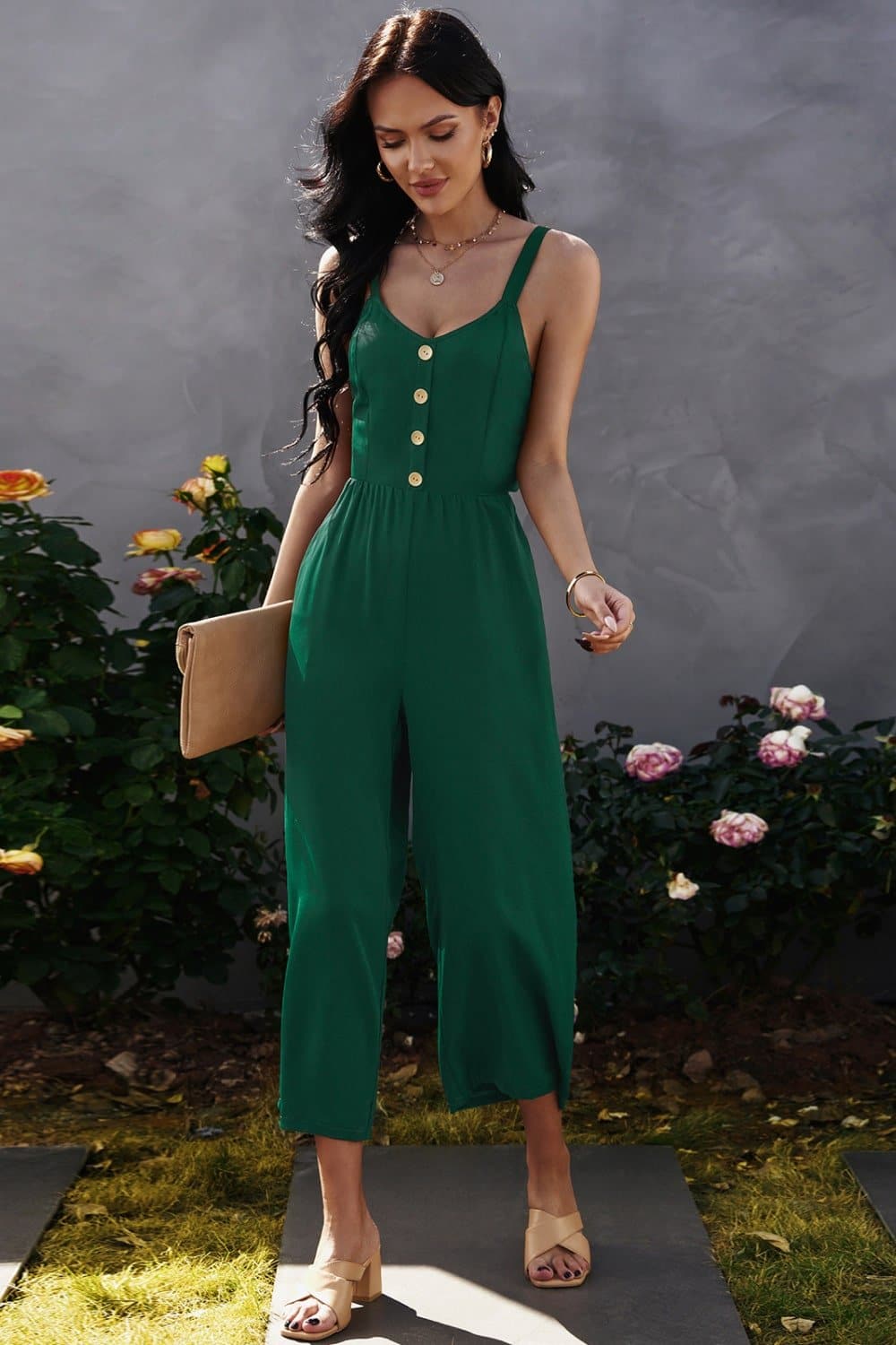 Decorative Button Wide Leg Cropped Jumpsuit - Love culture store