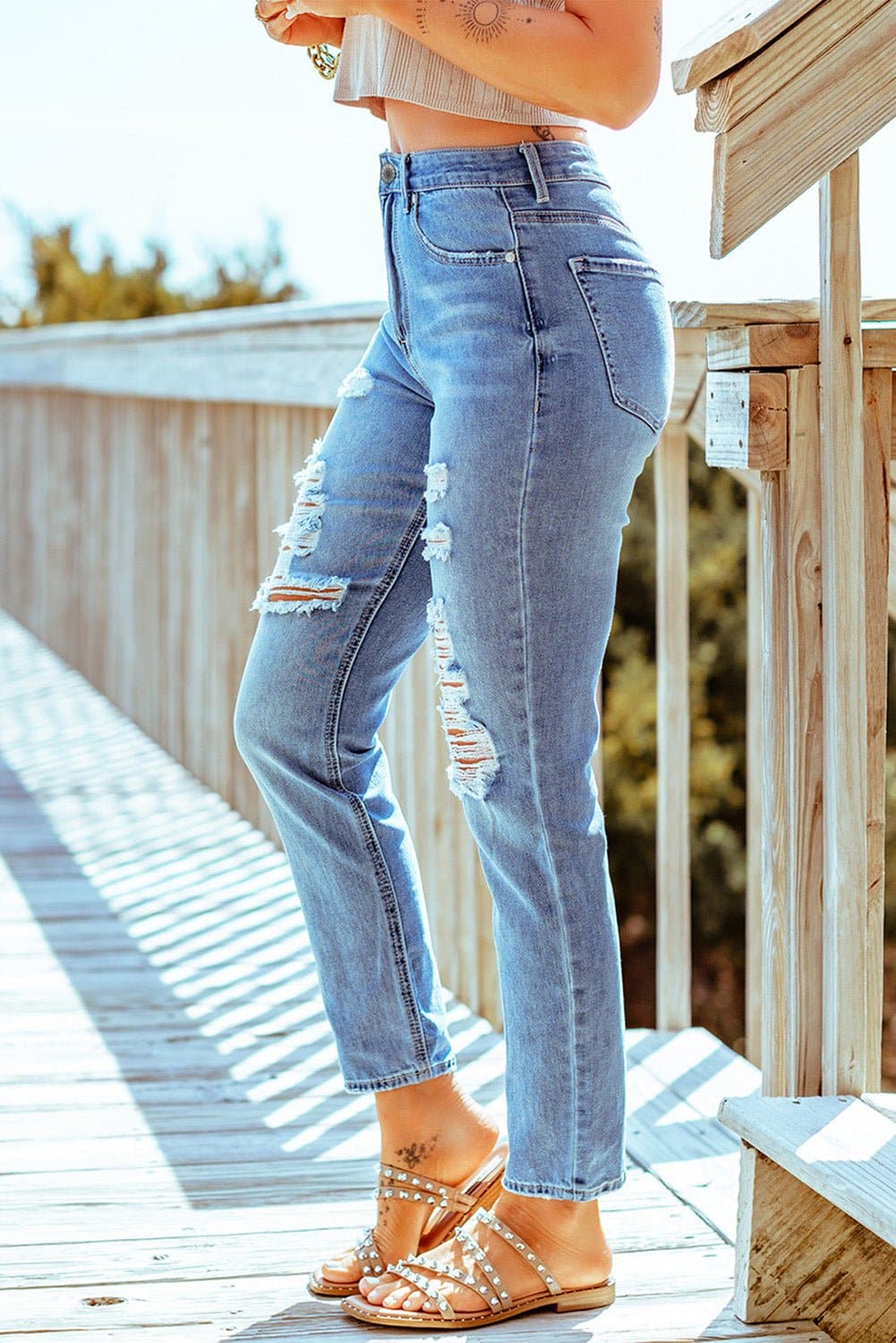 Distressed Ankle-Length Straight Leg Jeans - Love culture store