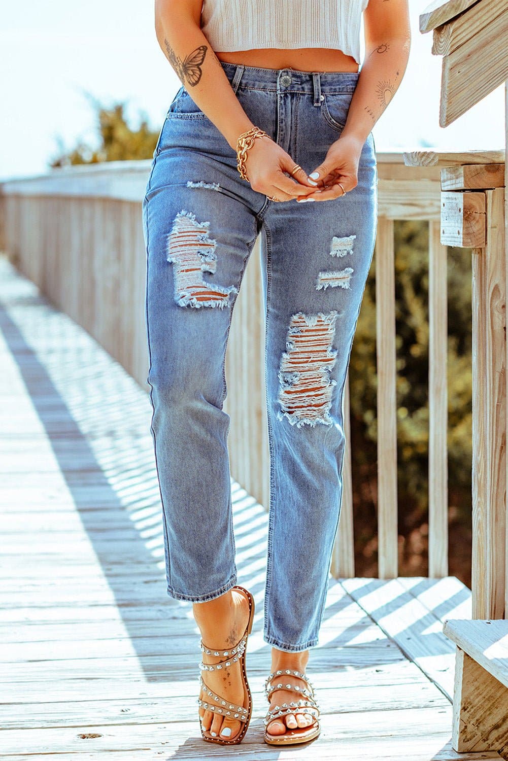 Distressed Ankle-Length Straight Leg Jeans - Love culture store